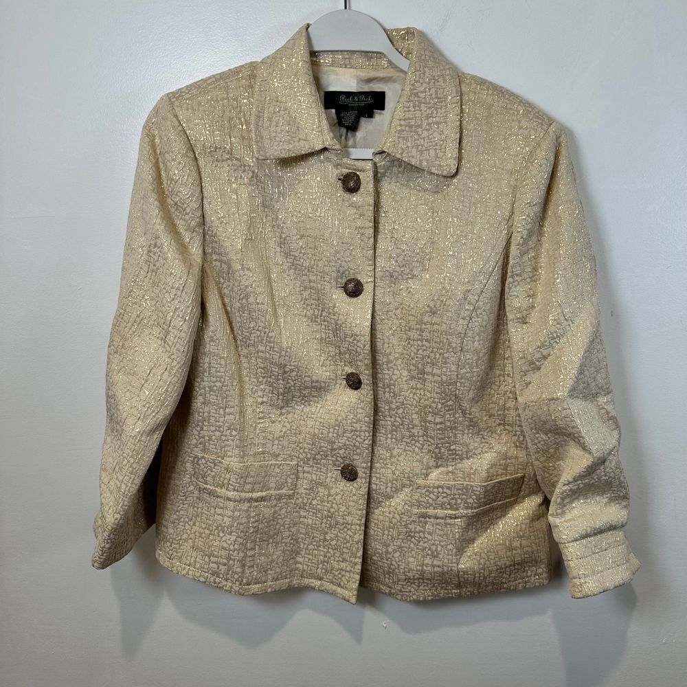 Peck‎ & Peck Collection Blazer L Gold Metallic Lurex Textured Jacket Womens
